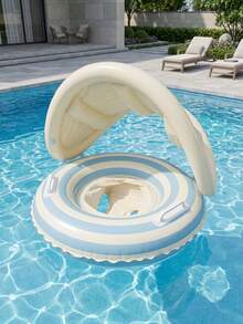 Striped Inflatable Swimming Ring With Detachable Sunshade Canopy, Anti-Flip Inflatable Seat With Handles, Suitable For Children - Multicolor - View 7
