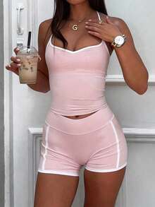 GAOVOT Women's Summer Two Pieces Color Contrast Sexy V-Neck Top And High Waist Tight Hip Lift Shorts Suit For Yoga Running Pilates Gym Pink - 粉色 - 查看 3