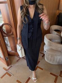 Plus Size Elegant Minimalist Holiday Party Commute Daily Business Suit Set, Women Autumn Long Sleeve Waist Cinched Fitted Blazer & Midi Skirt Suit Summer - Navy Blue - View 2