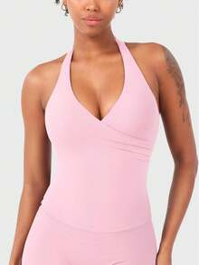 Women Wrap Halter Workout Tank V Neck Longline Sports Bras Backless Padded Gym Yoga Tank Tops Y2k Casual Crop - Pink - View 1