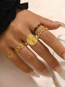 Set de 3/5 anillos geométricos de línea de acero inoxidable, anillos ajustables huecos con piedra natural chapada en oro de 18K - Colocar - Ver 4