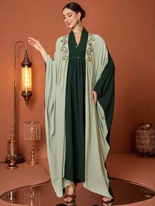 Women's V-Neck Color Block Pleated Casual Party Arabic Batwing Sleeve Dress - Green - View 2