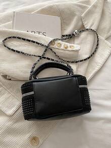 Bolso mini ligero, bolso con cadena, bolso acolchado bordado con decoración de strass, textura elegante adecuada para eventos nocturnos - Negro - Ver 10
