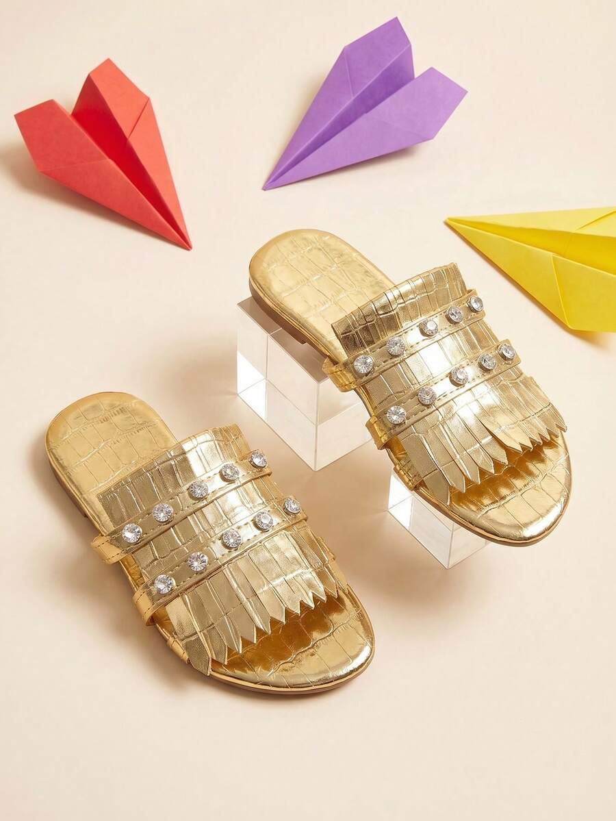 1 Pair Girls' New Gold Mirror Summer Slippers, Crocodile Texture Fashion Strap Slides With Double Row Rhinestones & Tassel Decor, Girls' Luxury Beach Sandals Suitable For Vacation, Home, Walking, Matching Outfits - Rose Gold - View 1