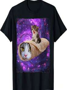 Camiseta con diseño de gato lindo montando un en el espacio exterior - Negro - Ver 1