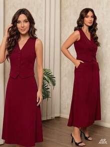 Women's Set: Vest With Faux Pocket And Buttons, And Long Twill Skirt. - 酒紅色 - 查看 1