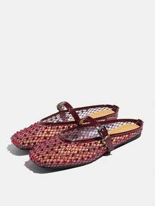 2026 New Plus Size Rhinestone Decor Buckle Slip-On Sandals, Gold Square Toe Flat Casual Breathable Fishnet Vamp Slip-On Sandals For Women, Summer - Burgundy - View 17
