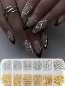 12Grids Mixed Gold, Silver, Black, Rose Gold Stainless Steel Metal Bead Nail Art Charms Mini Micro Caviar Balls,Perfect For French Nails, Press On Nails & 3D Nail Art Decorations - Multicolor - View 11