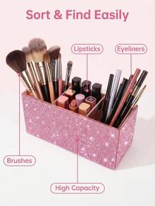 1pc Rhinestone Embellished 3-Compartment Storage Box, Large Capacity, Multicolor Rhinestone Inlaid Luxurious Sparkling Design, Fully Paved Pattern, Neat Edges, Makeup Tool Container, Suitable For Bedroom Vanity, Dressing Room Desk - Multicolor - View 8