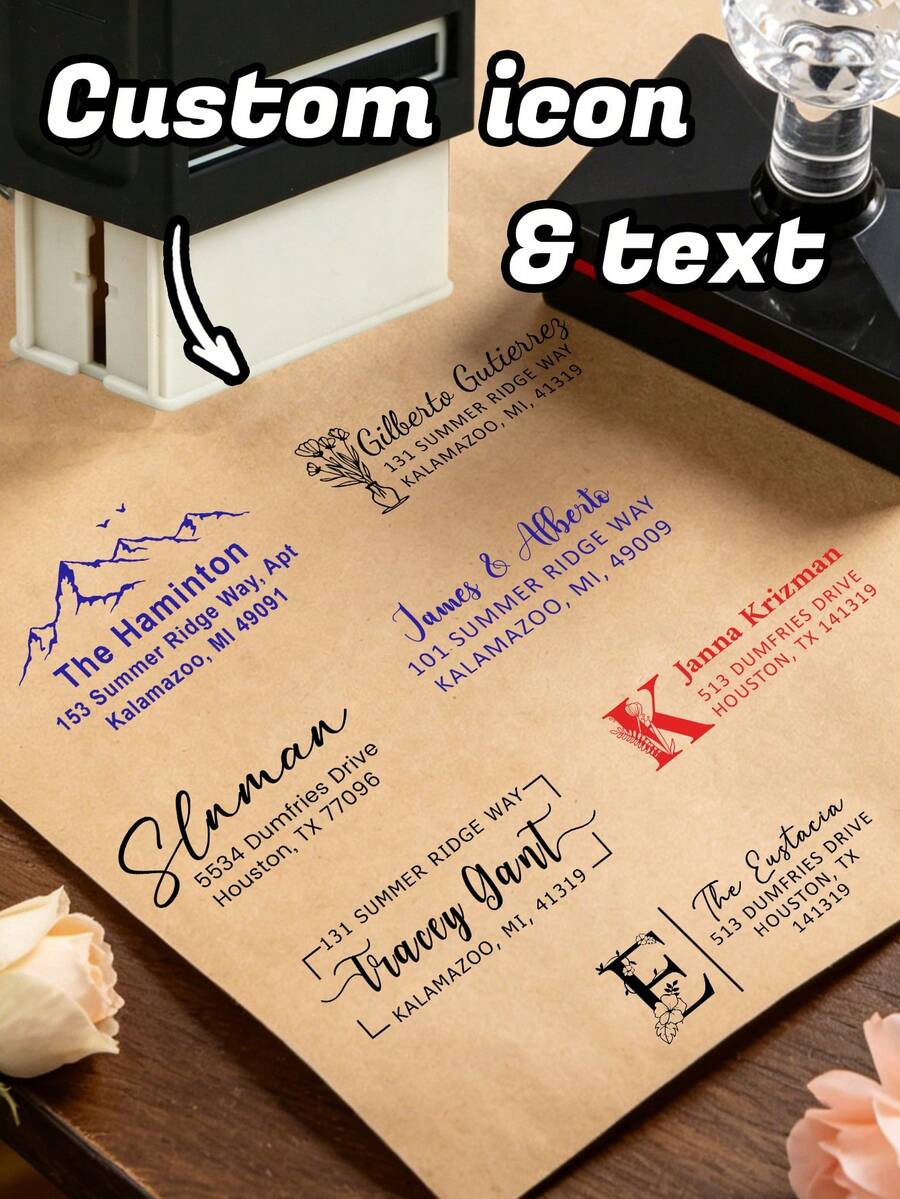 Custom Address Stamp, Personalized Name Stamp, Elegant Minimalist Floral Style For Wedding Invitations Envelopes Thank You Cards Packaging Labels, Customized Self Inking Stamp Holiday Gift For Couples, Customizable Text Return Address Stamp - Style B - View 1