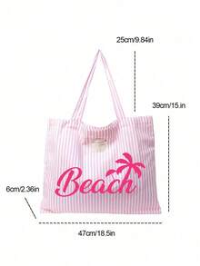 复古条纹帆布手提袋，印有玫瑰红椰子树和“Beach”字样，女士大容量条纹帆布手提袋 - 彩色 - 查看 8