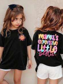 Modern Minimalist T-Shirt For Young Girl, Casual, Elegant, Comfortable, Simple, Fashionable, With Floral, Letter And Star Print, Short Sleeve, For Spring, Summer, School, Campus, Summer Vacation At University. - 黑色 4 - 查看 7