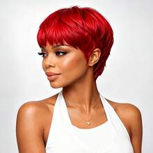 Short Pixie Cut Brazilian Remy Human Hair For Women Red Color Full Machine Made Straight Style With Bangs 4 Inch 150% Density Basic No Lace Wig For Daily Wear - SRed - View 8