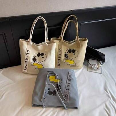  Peanuts Snoopy Fashion Glasses Print Canvas Tote Bag With Letter Ribbon, Large Capacity Shoulder Bag For Daily & Work