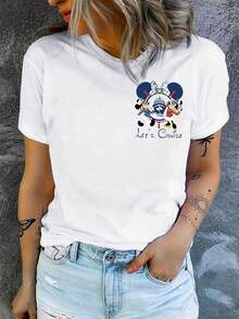 Women'S Short-Sleeve T-Shirt With Double-Sided Printing, Featuring Disney Cruise Cartoon Images. This Casual And Stylish Round-Neck Tee Is Slightly Stretchy, Non-Transparent, Made From Easy-Care Materials, And Perfect For Everyday Wear - 白色 - 查看 2