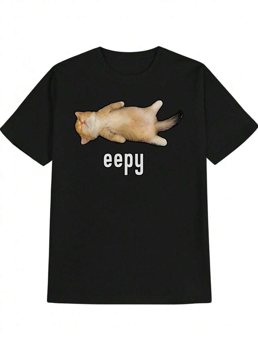 A Meme Print T-Shirt With A Sleeping Kitten, A Humorous, Casual Crew Neck Top For Men, A Gift For Men, A Fitness T-Shirt For Men, A Men's T-Shirt. - màu đen - Xem 1