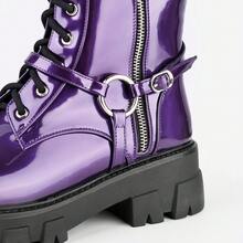 ElegaStep Punk  Goth  Y2K    Lace Up    Combat Boots  Party    Chunky Heel  Steampunk  Harness Motorcycle Biker Boots  Mid Calf  Lug Sole  Side Zipper - Màu tím  Violet - Xem 6