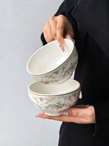 1pc/2pcs/4pcs Spring Encounter - Ceramic Bowl, French Vintage Style Minimalist Embossed Handmade Ceramic Dinnerware Bowl, Large Capacity Rice Bowl, Suitable For Entertaining Guests, Banquets And Various Occasions, Dishwasher - Multicolor - View 8