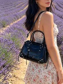Retro Punk Style Faux Leather Handbag, Multifunctional Tote And Crossbody Bag With Rivet Decor, Large Capacity For Women Suitable For Party, Event, And Work Commute - Multicolor - View 6