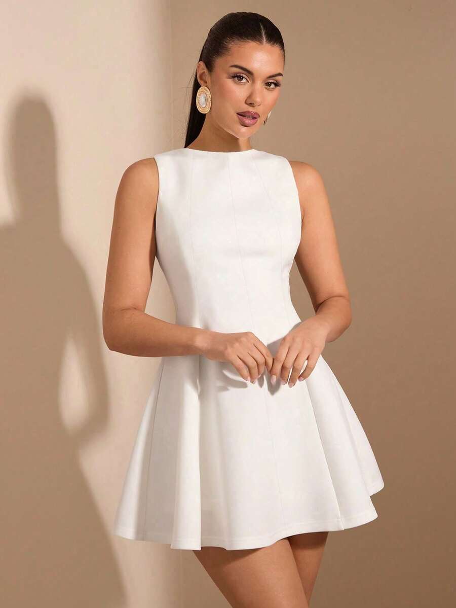 Women's Solid Color Sleeveless A-Line Fitted Elegant Dress, Suitable For Spring/Summer Occasions Like Cocktail Party, White Graduation Ceremony, Music Festival Carnival - trắng - Xem 1