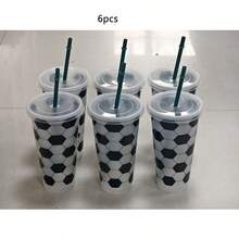6pcs Reusable Plastic Football Shaped Cups With Lids & Straws, Suitable For Football Fans, Football Themed Party Decor & Gifts - Multicolor - View 11