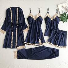 Five Piece Set Of Fashionable Multi Colored Optional Satin Contrasting Lace Straps With Waist Cinching Comfort, Suitable For Women To Wear As Outerwear For Home Wear - Màu xanh đậm - Xem 9