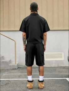 Men's Summer Casual Contrast Trim Shirt And Shorts Set - Black - View 6