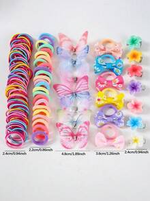 216pcs Girls Colorful Fabric Butterfly & Flower Hair Clips, Elastic Hair Ties, Durable Non-Damaging Bangs Clips, Versatile Daily Use - Multicolor - View 3