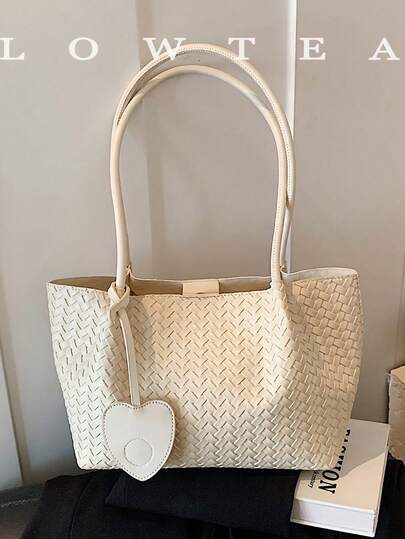  1pc Low Tea Solid Color PU Leather Handbag, Women's Retro Fashion Shoulder Tote Bag, Top Double Handle Design, Snap Closure, Suitable For Commuting, Outdoor, Travel, Picnic (With Pendant)