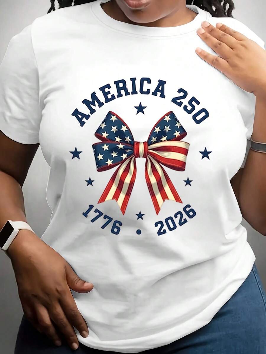 Plus Size Casual T-Shirt America 250 Patriotic Bow Design 1776 2026 Independence Day Celebration Fourth Of July Party Wear 220g - trắng - Xem 1