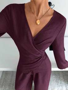 Conjunto de camisa con cintura ceñida, nueva temporada de otoño - Burdeos - Ver 4