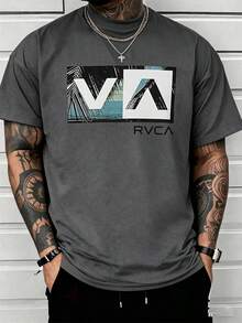 Ropa De HombreTropical Palm Silhouette Merging With Ocean Horizon For A Relaxed Coastal Vibe Men's 100% Cotton RVCA Logo TshirtLoose And Comfortablegraphic Tees Manfinity Hombre - 深灰色 - 查看 1