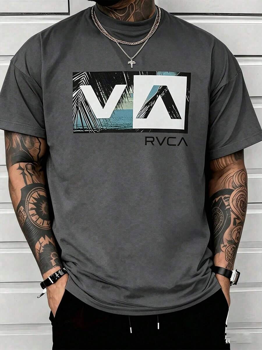 Ropa De HombreTropical Palm Silhouette Merging With Ocean Horizon For A Relaxed Coastal Vibe Men's 100% Cotton RVCA Logo TshirtLoose And Comfortablegraphic Tees Manfinity Hombre - 深灰色 - 查看 1