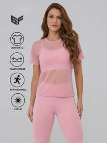 Women's Fitness Set 3-Piece Kit – Complete Gym Look: Top + Leggings + Tulle T-Shirt – 3-In-1 Sportswear Set – Train In Style And Comfort - Baby Pink - View 4