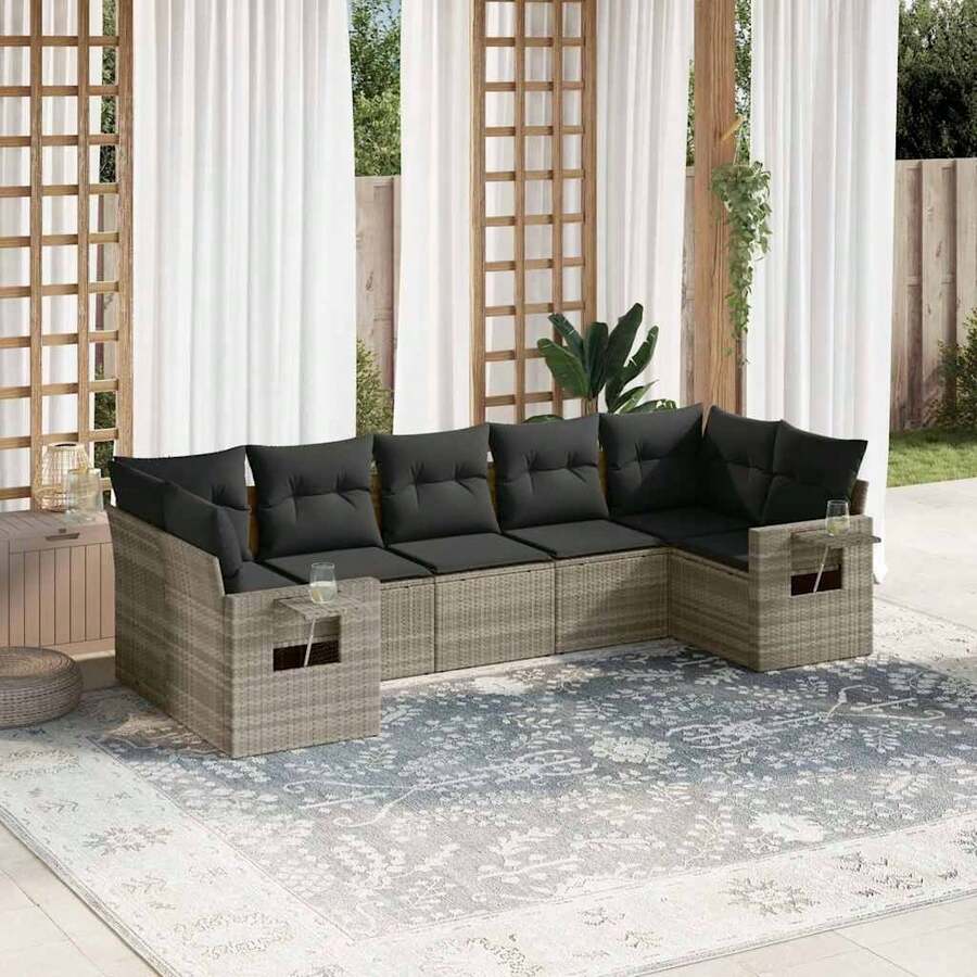 vidaXL Salon de jardin avec coussins 7 pcs gris clair résine tressée - A - Voir 1
