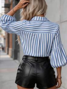 Striped Contrast Color Print Button-Up Shirt, Suitable For Spring/Summer Office Wear - Blue and White - View 2