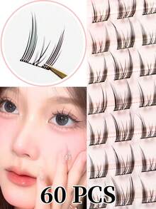 60pcs/Set No Glue Fairy Eyelashes, Korean Style, C Curl, 7-14mm Mixed Length, Self-Adhesive Design, Quick Makeup Application, Suitable For Beginners, Soft & Skin-Friendly, Reusable, Suitable For Daily, Commute, Date, Photography, Great Gift For Friends & Girlfriends - C - View 2