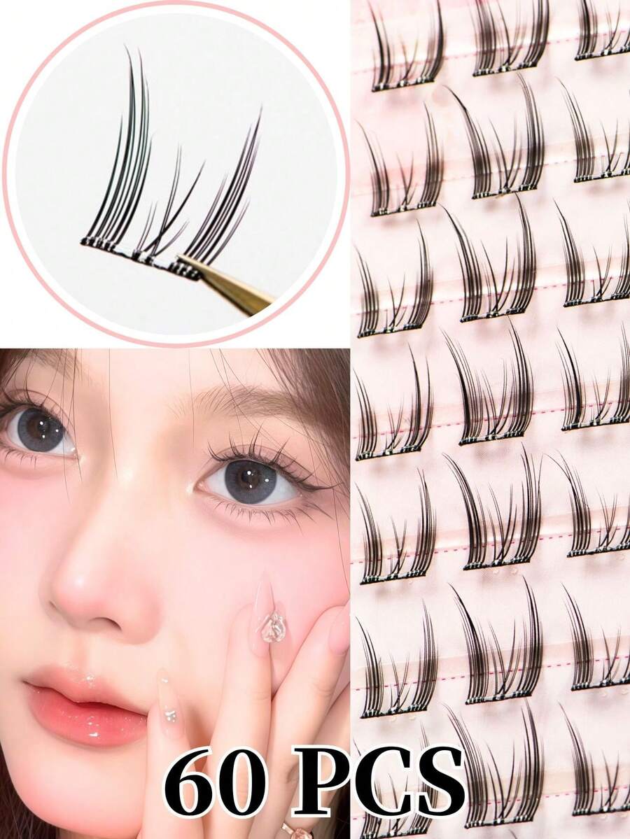 60pcs/Set No Glue Fairy Eyelashes, Korean Style, C Curl, 7-14mm Mixed Length, Self-Adhesive Design, Quick Makeup Application, Suitable For Beginners, Soft & Skin-Friendly, Reusable, Suitable For Daily, Commute, Date, Photography, Great Gift For Friends & Girlfriends