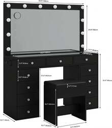 FUSOU Makeup Vanity Desk With Mirror & 12 LED Lights, Vanity Table With 11 Drawers, Power Outlet & Chair, 3 Lighting Modes Adjustable, White - Black - View 9