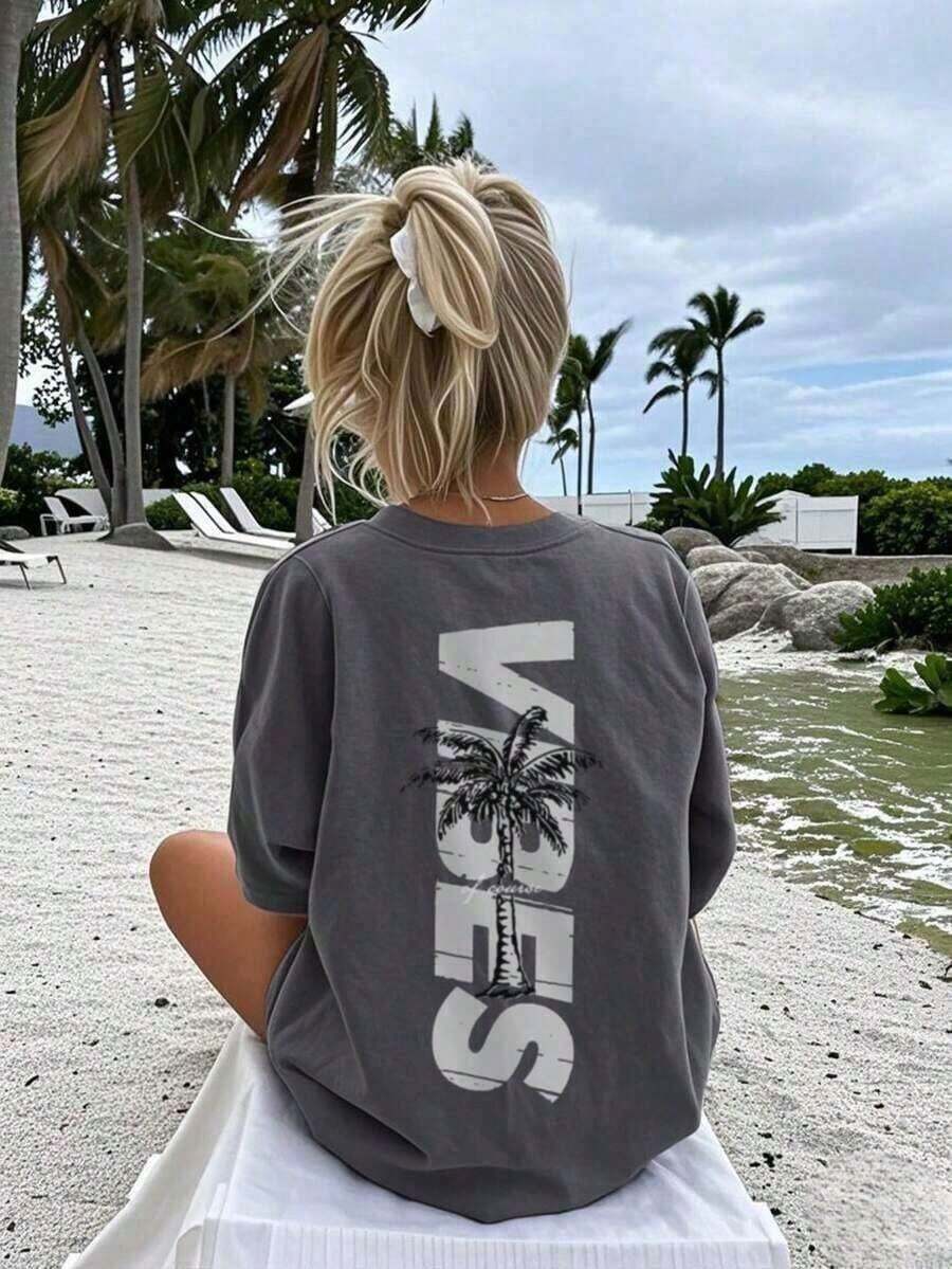 TopsWomen's Minimalist Coconut Tree Slogan Print Casual Round Neck Short Sleeve T-Shirt, Simple & Versatile, Suitable For Daily & Holiday Wear. Graphi - 深灰色 - 查看 1
