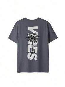 TopsWomen's Minimalist Coconut Tree Slogan Print Casual Round Neck Short Sleeve T-Shirt, Simple & Versatile, Suitable For Daily & Holiday Wear. Graphi - 深灰色 - 查看 3