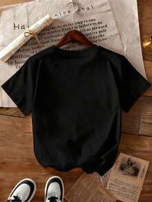 Plus Size Women's Casual Minimalist Short Sleeve Top, Featuring Cartoon Character Print, Fashionable And Versatile Black Summer - Black - View 5