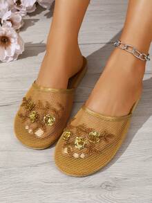 Sandal Datar Emas, Sandal Kulit Tanpa Bagian Belakang dengan Jaring Besar Gaya Eropa dan Amerika, Sepatu Musim Panas, Elegan, Sandal, Renda - Emas - View 2