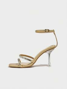 Women's New Square Toe Transparent Heel Slingback Rhinestone Strap Daily & Party High Heel Sandals - Gold - View 7