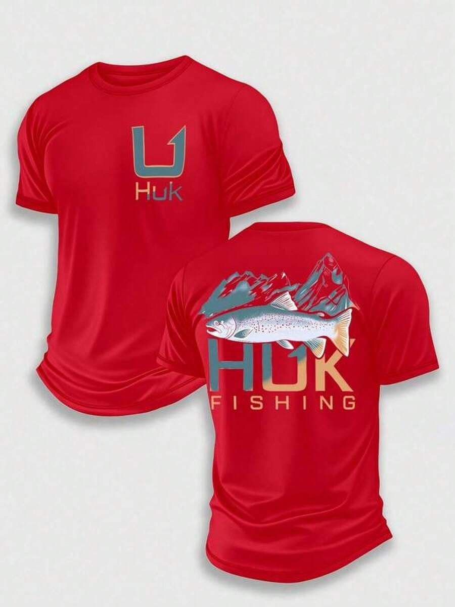 (220 Pieces Of Pure Cotton T-Shirts)HUK MOUNTAIN TROUT Performance Fishing T-Shirt, Moisture Wicking Quick Dry Tee, High-Quality Graphic Printed Outdoor Sportswear, Men's Short Sleeve Shirt, Mountain Range Trout Art, Fly Fishing Graphic, Holiday Gift, Performance Gear, Lightweight Breathable, Camisetas Para Hombre, Men Vacation Outfits, Urban Outdoor Style HWBV - Red - View 1