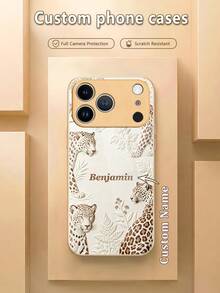 Capa de celular personalizável com nome, estampa de oncinha em relevo na cor bege, parte traseira em vidro temperado + borda macia em TPU. Compatível com Samsung S26 Ultra/S25 Ultra/S24 e Apple 17 Pro Max/16 Pro Max/15 Pro/14 Plus/13 Pro/12 Pro Max/11/Xs Max/8/7/6 Plus. Proteção completa contra arranhões na lente da câmera. Ideal como presente de aniversário, presente para namorado(a) ou para uso próprio. - Ouro - Ver 1