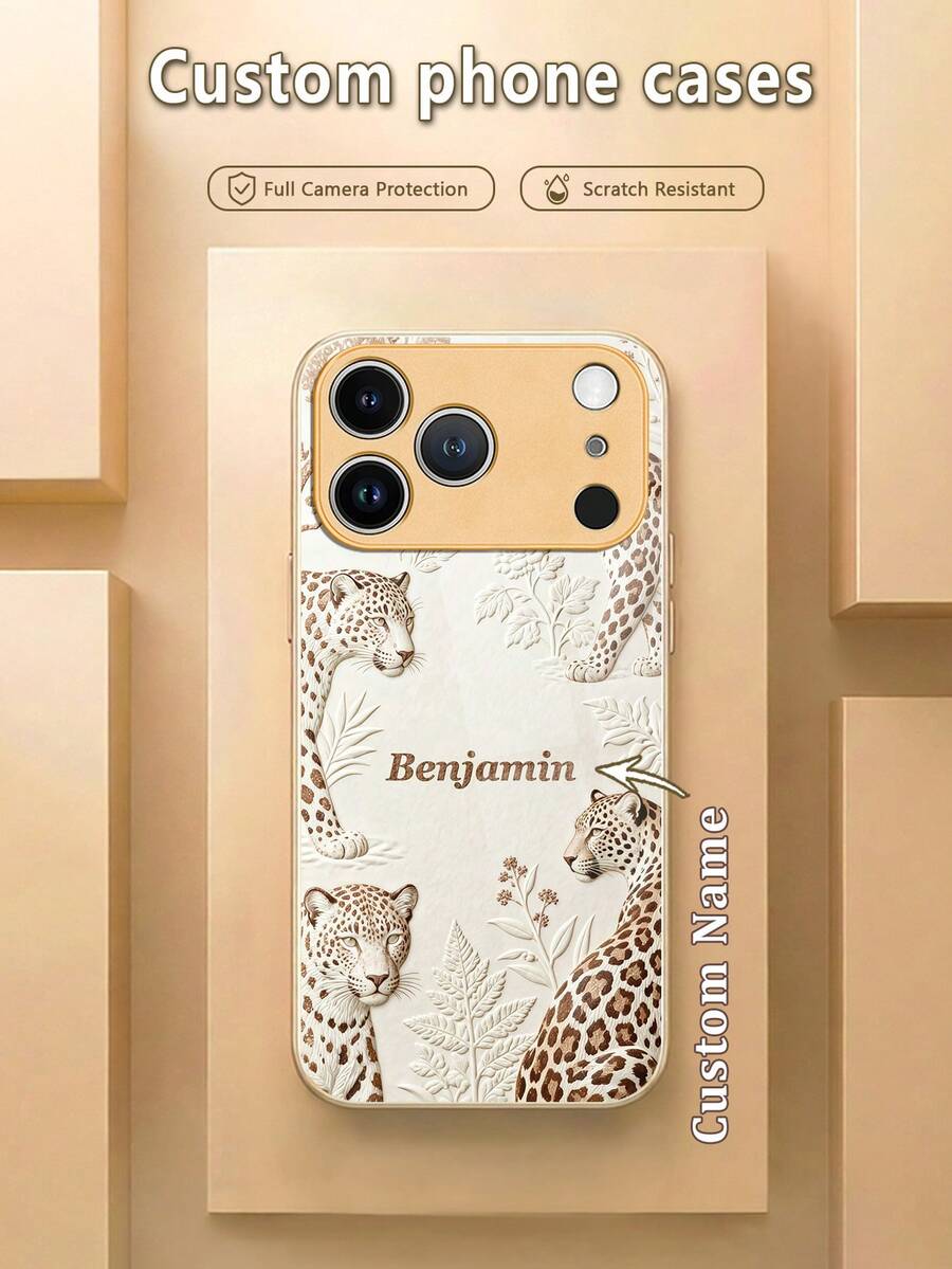 Capa de celular personalizável com nome, estampa de oncinha em relevo na cor bege, parte traseira em vidro temperado + borda macia em TPU. Compatível com Samsung S26 Ultra/S25 Ultra/S24 e Apple 17 Pro Max/16 Pro Max/15 Pro/14 Plus/13 Pro/12 Pro Max/11/Xs Max/8/7/6 Plus. Proteção completa contra arranhões na lente da câmera. Ideal como presente de aniversário, presente para namorado(a) ou para uso próprio. - Ouro - Ver 1