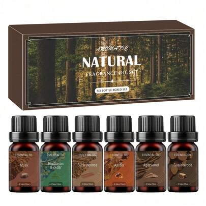 Set de aceites esenciales, 6 X 0.33oz Set de difusor de aromaterapia de madera para hombres, incluye madera de agar, ámbar, incienso, cedro del Himalaya, almizcle y guayule. Adecuado para humidificadores, elaboración de velas. Regalo perfecto para el Día de San Valentín.