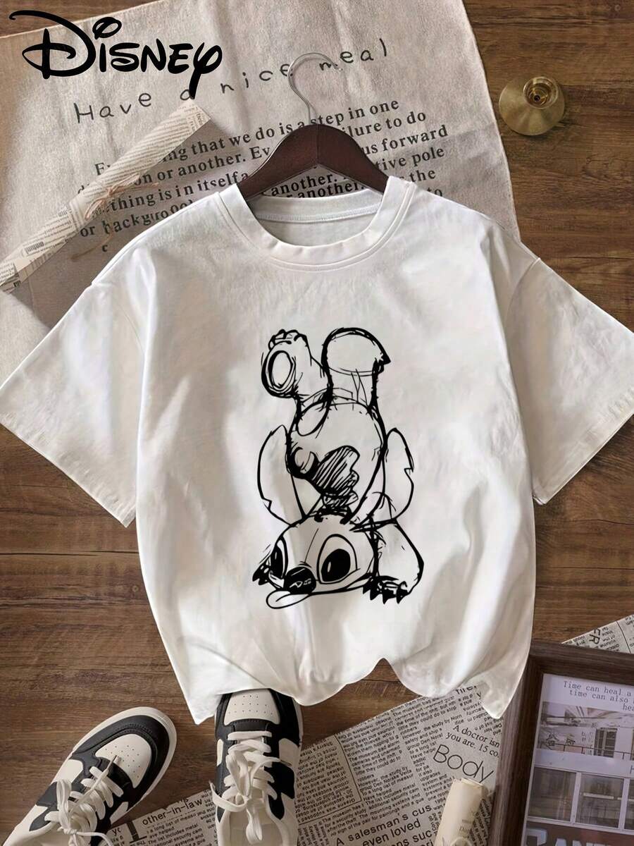 Disney Women's T-Shirt "Star Stitch" Print T-Shirt, Round Neck Pullover Women's Casual Sport Short Sleeve Top - trắng - Xem 1