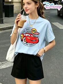 Summer Two-Piece Disney Cars Lightning McQueen Checkered Flag Y2K Pattern T-Shirt And Shorts Set. A Casual Holiday Outfit For Teenage Girls. Stylish Printed Top And Shorts. Perfect For Holiday Gifts. (Disney T-Shirt/Teen Girl Clothes/Tween Girl Clothes/Baby Tees For Women/Girls Clothes/Toddler Girl Clothes) - Màu xanh nhạt - Xem 1